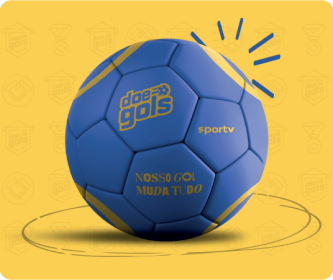 fundo amarelo com bola de futebol azul escrito "doe gols"